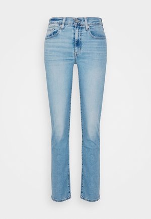 Lichtblauwe denim jeans met een rechte snit, vijf zakken, knoopsluiting en subtiele vervaging op de dijen.