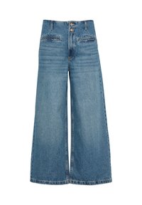 Spodnie dżinsowe w stylu szerokich nogawek w jasnoniebieskim denimu. Posiadają wysoki stan z zapięciem na dwa guziki oraz dwoma przednimi kieszeniami. Widoczne szwy i postrzępiony dół.