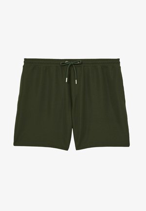 Dunkelgrüne Badeshorts aus leichtem Material, mit einem elastischen Bund und einem Kordelzug sowie einer glatten Textur.