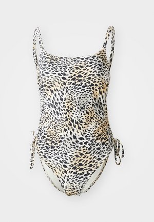 Maillot de bain une pièce à imprimé animal en beige, noir et blanc. Dispose de bretelles ajustables et de liens sur les côtés pour un ajustement parfait. Texture lisse.