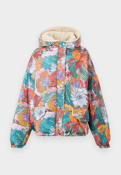 Erilistatud kapuutsiga jakki, millel on värvikas lillemuster. Valmistatud läikivast kangast, pehme beeži plush voodriga ja elastsete mansettidega.