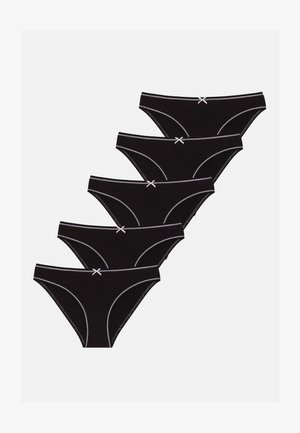 Svart bomullstruse, sett med fem, med lavt liv, myk tekstur og kontrasterende hvit søm med små dekorative sløyfer.