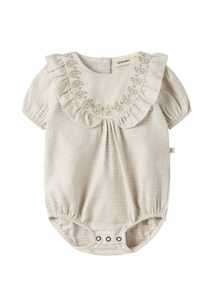 Kremowy kombinezon dla niemowląt z bufiastymi rękawkami, falbankowym kołnierzykiem, kwiatowym haftem i zatrzaskami na dole.