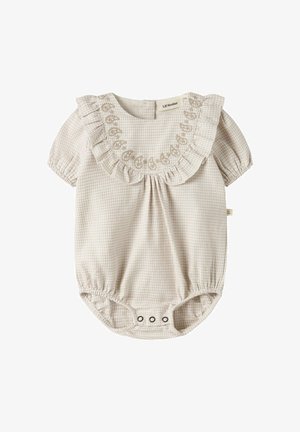 Baby-Spielanzug in Cremefarbe mit Puffärmeln, Rüschenkragen, Blumenstickerei und Druckknöpfen am unteren Saum.