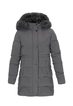 Cappotto invernale grigio imbottito con cappuccio bordato in pelliccia sintetica, bottoni a scatto e motivo trapuntato. Caratterizzato da tasche laterali e un design a lunghezza media.
