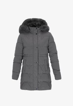 Šedý polstrovaný zimní kabát s kapucí s umělou kožešinou, patentkami a prošívaným vzorem. Obsahuje boční kapsy a má střední délku.
