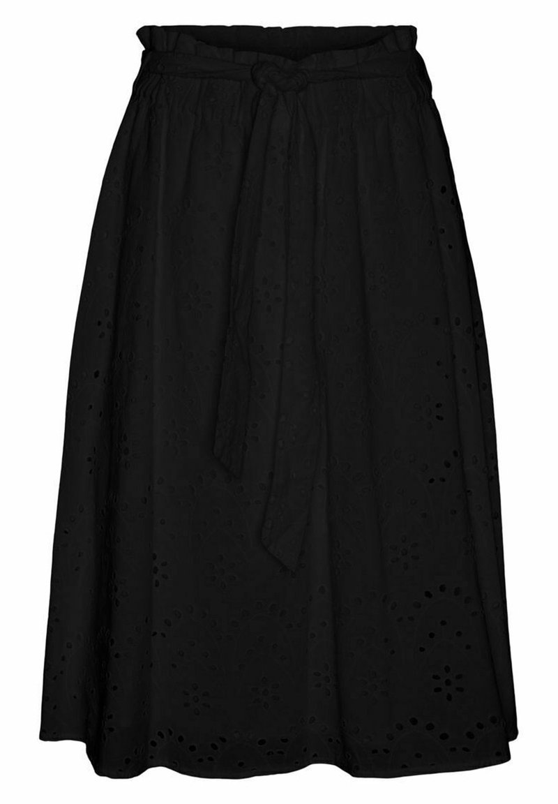 Jupe noire longueur genou avec motifs floraux ajourés, taille froncée et ceinture nouée à l'avant.