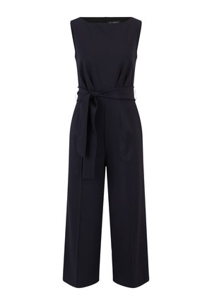 Granatowy kombinezon z bezrękawnikami, szerokimi nogawkami i związaną w talii tkaniną. Wykonany z gładkiego, strukturalnego materiału.