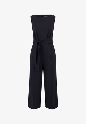 Granatowy kombinezon z bezrękawnikami, szerokimi nogawkami i związaną w talii tkaniną. Wykonany z gładkiego, strukturalnego materiału.