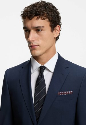 Navy suit jacket with a notch lapel, white dress shirt, and striped tie. Features a patterned pocket square in shades of maroon and blue.