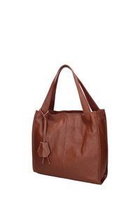 Bruine leren handtas met tekstuur, twee korte hengsels en een franje-detail. Gestructureerde vorm met zichtbare stikselaccenten.