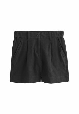Pantalones cortos de lino negros con un ajuste relajado, que presentan un cierre de botón, pliegues frontales y bolsillos laterales. Textura suave, diseño versátil.