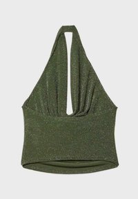 Halter-topp i mörkgrön med draperad design, med en skimrande textur och knut i ryggen. Mjuk, åtsittande, med rundad nederkant.