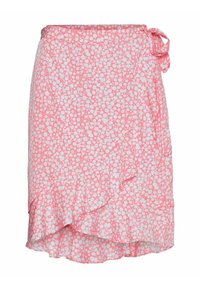 Rosa Wickelrock mit einem floralen Muster in Weiß. Leichter Stoff, asymmetrischer Saum mit fransigem Rand und einer seitlichen Bindungsdetails.