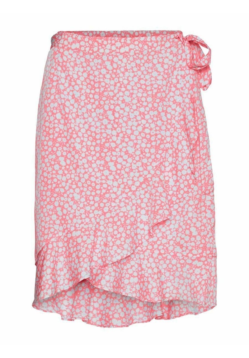 Rosa Wickelrock mit einem floralen Muster in Weiß. Leichter Stoff, asymmetrischer Saum mit fransigem Rand und einer seitlichen Bindungsdetails.