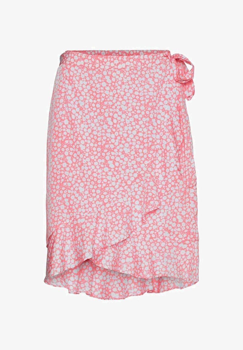 Rosa Wickelrock mit einem floralen Muster in Weiß. Leichter Stoff, asymmetrischer Saum mit fransigem Rand und einer seitlichen Bindungsdetails.
