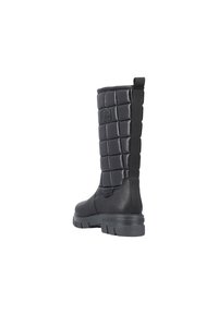 Svarta knähöga stövlar med en vadderad överdel och slät underdel. Har en dragflik och en texturerad gummisula.