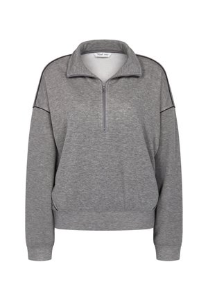 Šedá mikina s zipovým límcem, žebrovanými manžetami a lemem, bočními kapsami a kontrastními černými detaily na ramenou. Měkká textilie.