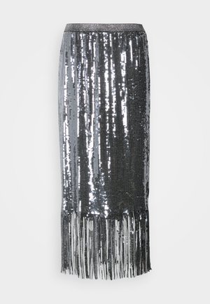 Silver sequined knee-length skirt with fringe at the bottom, featuring a fitted waistband and a sleek, shimmering texture.