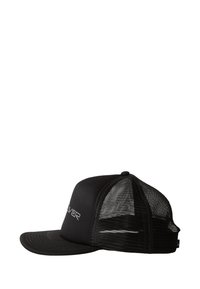 Black cap with a solid front panel and a mesh back. Features a curved brim and a logo on the front. Lightweight fabric texture.