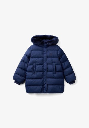 Abrigo de invierno acolchado azul marino con capucha forrada de piel, bolsillos frontales y costura acolchada, diseñado para el calor y la protección contra el frío.