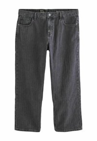 Pohodlné džíny v tmavě šedém denimu s vertikálními pruhy. Obsahují pět kapes, poutka na opasek a kovové zapínání na knoflík.