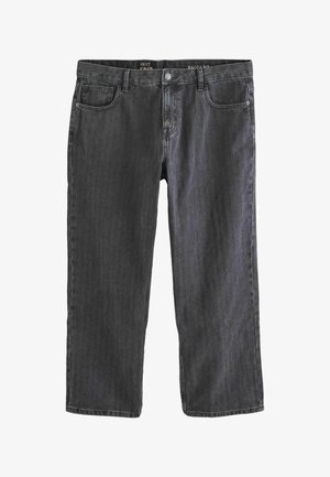 Baggy fit jeans in donkergrijs denim met verticale strepen. Voorzien van vijf zakken, ceintuurlussen en metalen knoopsluiting.
