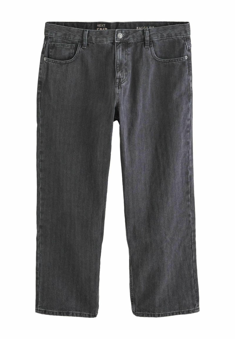 Pohodlné džíny v tmavě šedém denimu s vertikálními pruhy. Obsahují pět kapes, poutka na opasek a kovové zapínání na knoflík.