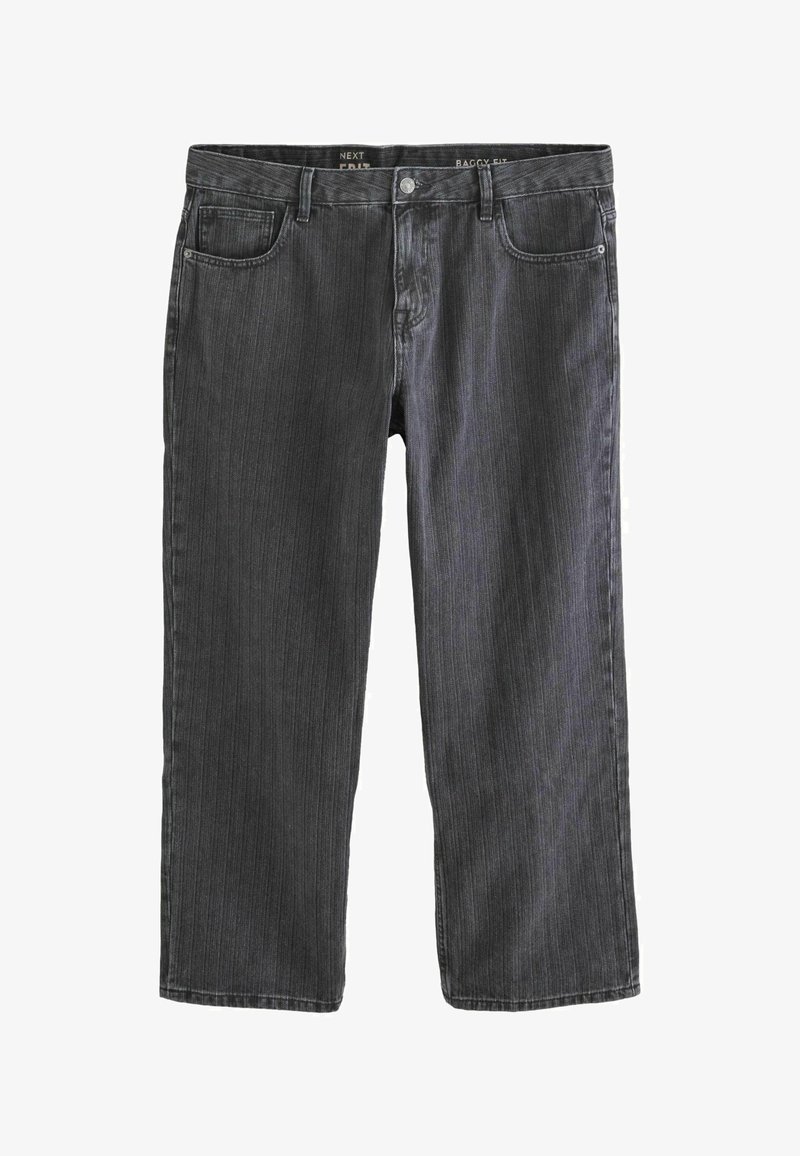 Baggy fit jeans i mørkegrå denim med lodrette striber. Har fem lommer, bæltestropper og metalknaplukning.
