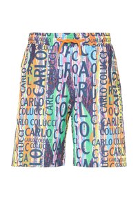 Herren Schwimmshorts mit mehrfarbigem Grafikdruck. Mit verstellbarem orangefarbenem Kordelzug, überwiegend in Blau- und Grüntönen mit Schriftmustern.