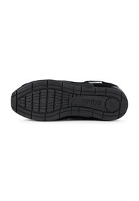Black athletic shoe sole with a textured rubber surface, featuring a patterned tread for grip and a prominent logo at the heel.