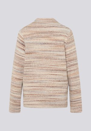 Beige-braun gestreifte Jacke mit strukturiertem Strickmuster, ausgestattet mit Kragen und langen Ärmeln. Rückansicht zeigt ein schlichtes Design.