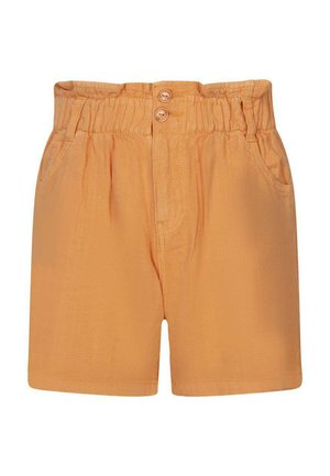 Shorts taille haute jaune moutarde avec ceinture élastique, deux boutons, plis à l'avant, poches latérales et passants pour ceinture.