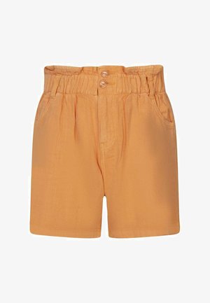 Shorts taille haute jaune moutarde avec ceinture élastique, deux boutons, plis à l'avant, poches latérales et passants pour ceinture.