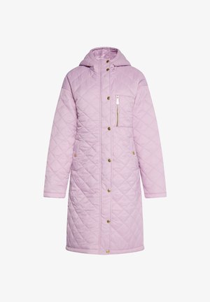 Palton matlasat, de lungime până la genunchi, în nuanță de mov deschis, cu glugă, nasturi aurii și un buzunar cu fermoar pe pieptul stâng. Textură netedă și lucioasă.