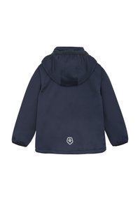 Marineblaue Kapuzenjacke, glattes Material, elastische Bündchen und ein kleines Logo am unteren Zentrum. Verfügt über ein lässiges Design und ein weiches Innenfutter.