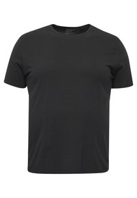 Mustad lühikesed varrukad t-särk puuvillast, ümmarguse kaelusega ja lõdva lõikega, minimaalse õmblusdetailiga.