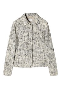 Kreemja ja tumesinise tooni tweed jakk, millel on tekstuuriline muster, kaks rinnataskut, nööbiga sulgumine ja klassikaline kraedi design.