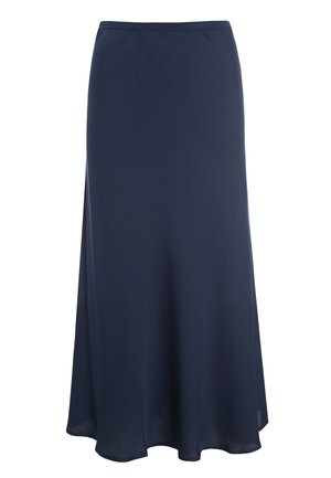 Granatowa spódnica o kroju litery A sięgająca kostek, z gładkim pasem i delikatnym rozszerzeniem u dołu, wykonana z lekkiego materiału.
