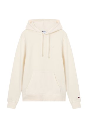 Bluza z kapturem w kolorze kremowym z kieszenią z przodu, kapturem z troczkami oraz małym logo na piersi i mankiecie rękawa.