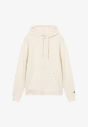 Bluza z kapturem w kolorze kremowym z kieszenią z przodu, kapturem z troczkami oraz małym logo na piersi i mankiecie rękawa.