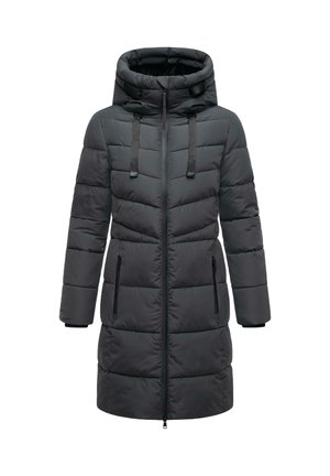 Mustat toppatakki korkealla kauluksella, vetoketjusuljenta ja kaksi sivutaskua. Ominaisuuksiin kuuluu vaakasuora ompelu ja säädettävät nyörit.