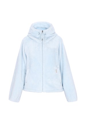 Hellblauer, flauschiger Fleece-Pullover mit Kapuze, durchgehendem Reißverschluss und Seitentaschen. Verfügt über eine weiche Textur und ein leicht übergroßes Design.