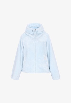 Jasnoniebieska, miękka bluza z polaru z kapturem, pełnym suwakiem i bocznymi kieszeniami. Charakteryzuje się delikatną teksturą i lekko oversize'owym krojem.
