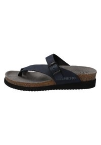 Sandale en tongs bleu marine avec une semelle en liège, des brides en cuir et un détail de boucle. Elle possède une semelle intérieure grise texturée et une semelle en caoutchouc noire.