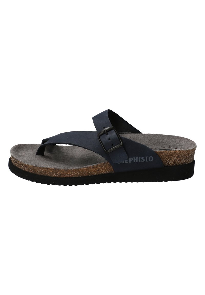 Sandale en tongs bleu marine avec une semelle en liège, des brides en cuir et un détail de boucle. Elle possède une semelle intérieure grise texturée et une semelle en caoutchouc noire.