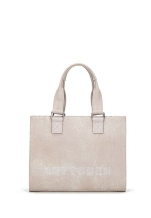 Beżowa torebka o usztywnionej konstrukcji, z dwiema krótkimi rączkami, metalowymi elementami i zdobieniami "WITTCHEN" z kryształów z przodu.
