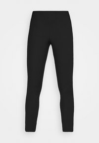 Schwarze Leggings aus dehnbarem Stoff, mit einem eleganten, figurbetonten Design ohne sichtbare Nähte oder Muster. Glatte Oberfläche. 