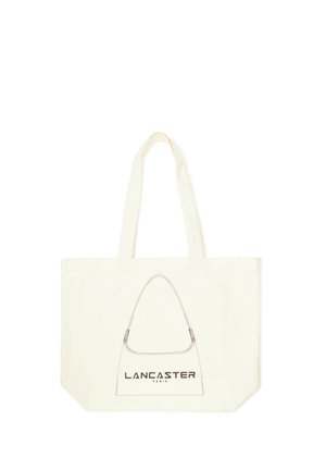 Sac cabas en toile blanche avec deux anses et un croquis en contour noir d’un sac à main au-dessus du mot « LANCASTER PARIS » à l’avant.