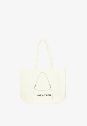 Sac cabas en toile blanche avec deux anses et un croquis en contour noir d’un sac à main au-dessus du mot « LANCASTER PARIS » à l’avant.